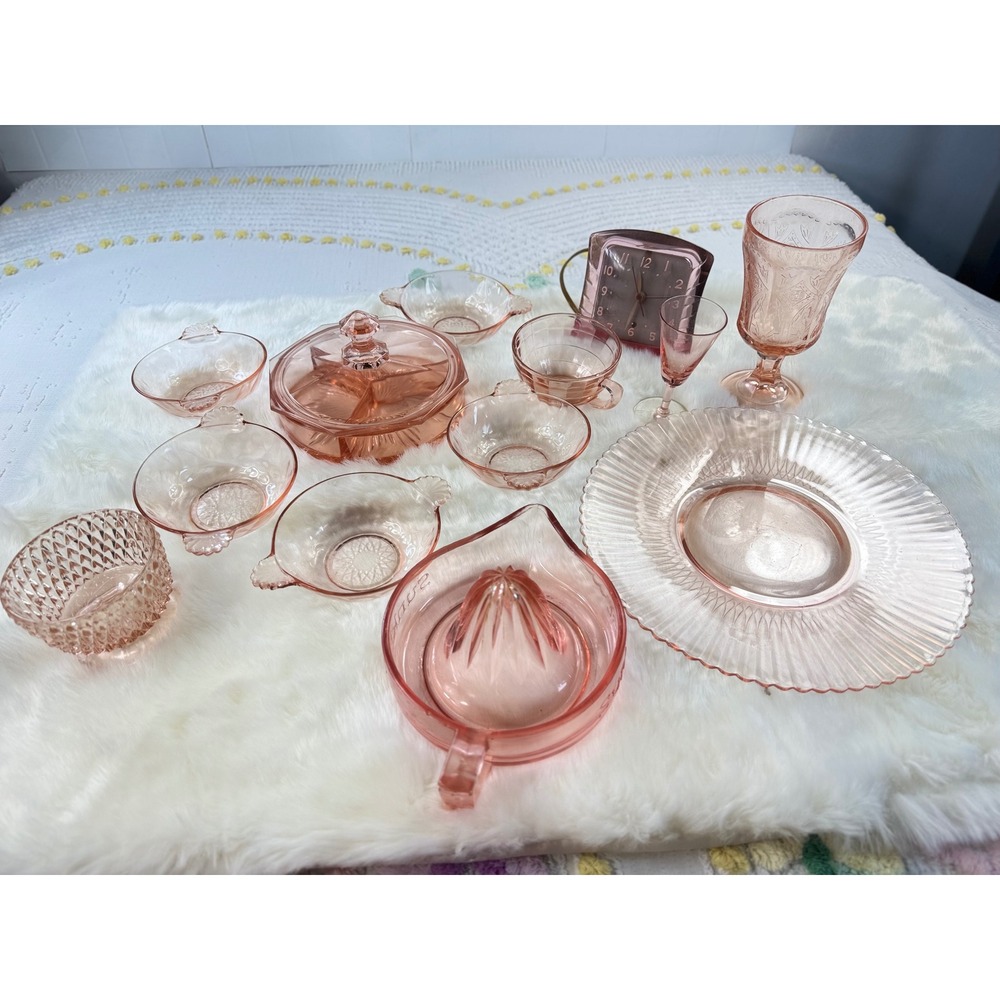 Vintage Pink Depression Glass Set Gilbert Clock Sunkist Juicer Candy Dish 13 pc - Picture 16 of 16